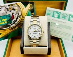ROLEX DATE 15203 WHITE ARABIC DIAL 18K YELLOW GOLD STAINLESS BOX PAPER 34MM