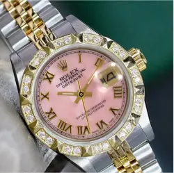 ROLEX DATEJUST LADIES TWO-TONE GOLD & STEEL ROMAN PINK MOTHER OF PEARL WATCH