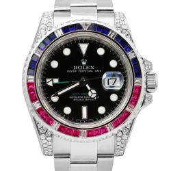 ROLEX GMT-MASTER II DIAMOND PINK/BLUE SAPPHIRE BEZEL BLACK 40MM 116710 WATCH