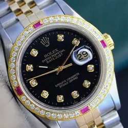 ROLEX DATEJUST MENS TWO-TONE 18KY STEEL BLACK  DIAMOND & RUBY WATCH 1.40CTS 36MM