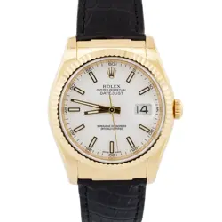 ROLEX DATEJUST 36 WHITE 18K YELLOW GOLD BLACK LEATHER FLUTED 36MM 116138 WATCH