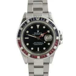 ROLEX GMT-MASTER II DIAMOND 40MM FAT LADY RED/BLUE SAPPHIRE BEZEL WATCH 16760