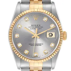 ROLEX DATEJUST STEEL YELLOW GOLD SILVER DIAMOND DIAL MENS WATCH 16233