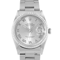 ROLEX DATEJUST 36 16220 SILVER ARABIC ENGINE TURNED STEEL OYSTER MENS WATCH