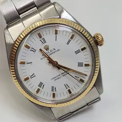 ROLEX OYSTER PERPETUAL 34MM TWO TONE WHITE ROMAN AUTOMATIC WATCH 1005 CIRCA 1965