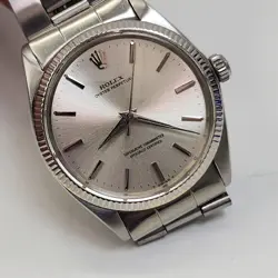 ROLEX AIR KING PRECISION 34MM STEEL OYSTER WHITE GOLD BEZEL WATCH 1005 YEAR 1965