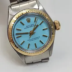 Rolex Oyster Perpetual Ladies 26mm Blue Turquoise Two Tone Watch 6804 Circa 1971