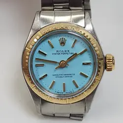 Rolex Oyster Perpetual Ladies 26mm Blue Turquoise Two Tone Watch 6804 Circa 1971