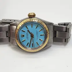 Rolex Oyster Perpetual Ladies 26mm Blue Turquoise Two Tone Watch 6804 Circa 1971