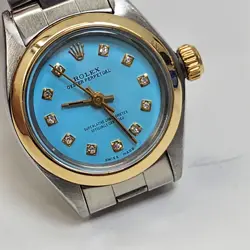 ROLEX OYSTER PERPETUAL LADY 24MM TWO TONE BLUE TURQUOISE DIAMOND DIAL WATCH 6718