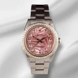 ROLEX OYSTER PERPETUAL 31MM 2CT DIAMONDS PINK PALM MOTIF DIAL WATCH 77080