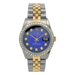 Men's Rolex 36mm DateJust 18K Gold / Steel Watch w/Blue Diamond Dial and Bezel.