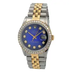 Men's Rolex 36mm DateJust 18K Gold / Steel Watch w/Blue Diamond Dial and Bezel.
