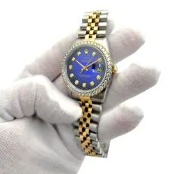 Men's Rolex 36mm DateJust 18K Gold / Steel Watch w/Blue Diamond Dial and Bezel.