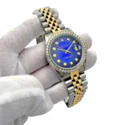 Men's Rolex 36mm DateJust 18K Gold / Steel Watch w/Blue Diamond Dial and Bezel.