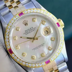 ROLEX DATEJUST MENS TWO-TONE 18KY STEEL WHITE MOTHER OF PEARL WATCH 1.35CTS 36MM
