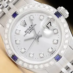 LADIES ROLEX DATE SILVER DIAL 18K WHITE GOLD SAPPHIRE DIAMOND & STEEL WATCH