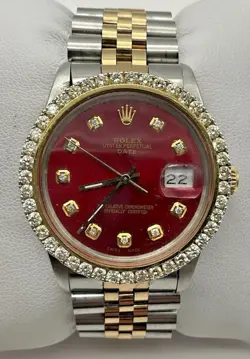 1988 ROLEX OYSTER PERPETUAL DATE 34MM 15053 CUSTOM DIAMOND BEZEL RED DIAL WATCH