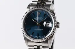 2005 ROLEX DATEJUST 16220 BLUE STICK DIAL - BOX AND PAPERS, RSC CARD