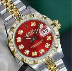 ROLEX DATEJUST LADIES TWO-TONE GOLD & STEEL RED DIAL PYRAMID DIAMOND WATCH 26MM