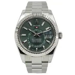 ROLEX SKY-DWELLER 336934 GREEN 42MM B&P 2024 STEEL W 18K FLUTED BEZEL