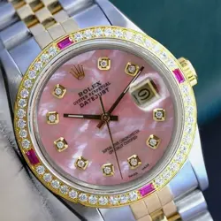 ROLEX DATEJUST MENS TWO-TONE 18KY STEEL PINK MOTHER OF PEARL WATCH 1.35CTS 36MM