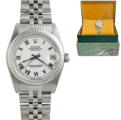 ROLEX DATEJUST STAINLESS WHITE ROMAN 18K FLUTED BEZEL JUBILEE 31MM 68274 W/ BOX