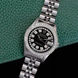 ROLEX DATEJUST LADIES STAINLESS STEEL STRING BLACK DIAMOND WATCH 1.10CTS 26MM