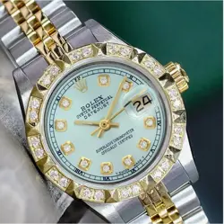 ROLEX DATEJUST LADIES TWO-TONE GOLD & STEEL BABY BLUE PYRAMID DIAMOND WATCH 26MM
