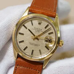 ROLEX WATCH OYSTER PERPETUAL DATE REF.1550 34MM CHAMPAGNE GOLD DIAL LEATHER
