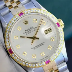 ROLEX DATEJUST MENS TWO-TONE 18KY STEEL SILVER DIAMOND & RUBY WATCH 1.35CTS 36MM