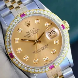 ROLEX DATEJUST MENS TWO-TONE 18KY STEEL CHAMPAGNE DIAMOND & RUBY WATCH 1.35CTS