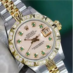 ROLEX DATEJUST LADIES TWO-TONE GOLD & STEEL WHITE MOTHER OF PEARL EMERALD WATCH