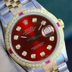 ROLEX DATEJUST MENS TWO-TONE 18KY STEEL RED DIAMOND & RUBY WATCH 1.35CTS 36MM