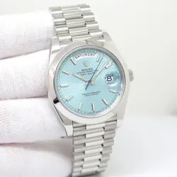 ROLEX 228206 DAY DATE 40 PLATINUM WITH ICE BLUE DIAGONAL MOTIF DIAL