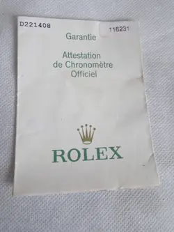 GENUINE ORIGINAL ROLEX  PAPER FOR 116231 GUARANTEE PAPER SERIAL D
