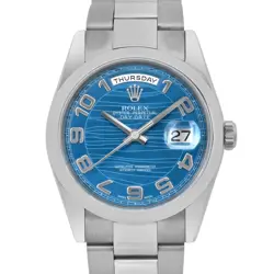 ROLEX DAY-DATE 36MM 18K WHITE GOLD BLUE WAVE DIAL WATCH 118209