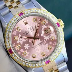 ROLEX DATEJUST MENS TWO-TONE 18KY STEEL PINK FLORAL DIAMOND & RUBY WATCH 1.35CTS