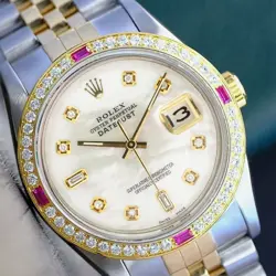 ROLEX DATEJUST MENS TWOTONE 18KY STEEL WHITE MOTHER OF PEARL 8+2 WATCH 1.35CTS