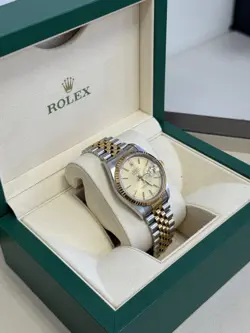 ROLEX DATEJUST 36 TWO-TONE CHAMPAGNE INDEX DIAL FLUTED JUBILEE WATCH 16233 BOX