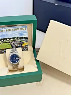 ROLEX OYSTER PERPETUAL DATE 34MM STAINLESS STEEL BLUE DIAL 15210 WITH BOX 2002