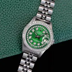 ROLEX DATEJUST LADIES STAINLESS STEEL STRING GREEN DIAMOND WATCH 1.10CTS 26MM