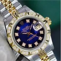 ROLEX DATEJUST LADIES TWO-TONE GOLD & STEEL BLUE VIGNETTE PYRAMID DIAMOND WATCH