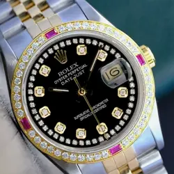 ROLEX DATEJUST MENS TWO-TONE 18KY STEEL DIAMOND BLACK STRING WATCH 1.40CTS 36MM
