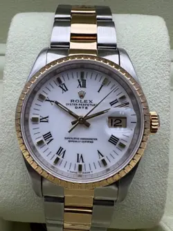 1990s Vintage Rolex 15223 Date 34mm 18K Yellow Gold Steel White Roman Dial Watch