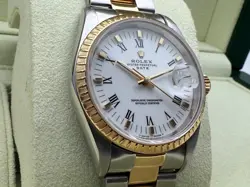 1990s Vintage Rolex 15223 Date 34mm 18K Yellow Gold Steel White Roman Dial Watch