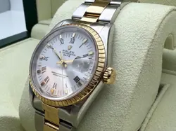 1990s Vintage Rolex 15223 Date 34mm 18K Yellow Gold Steel White Roman Dial Watch