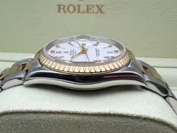 1990s Vintage Rolex 15223 Date 34mm 18K Yellow Gold Steel White Roman Dial Watch