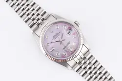 ROLEX DATEJUST 16014 STEEL & WHITE GOLD 36MM PINK MOTHER OF PEARL DIAMOND DIAL