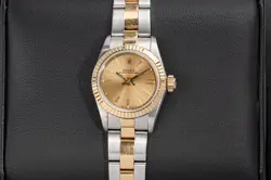 ROLEX 67193 OYSTER PERPETUAL 26MM, CHAMPAGNE DIAL, FLUTED BEZEL OYSTER BRACELET